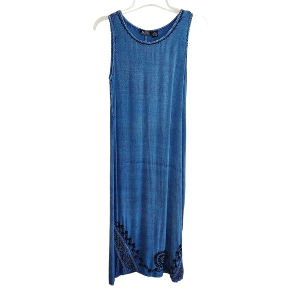 Chambray Denim Maxi Jumper Dress Womens Medium Embroidered Side Slits Tie Back - Picture 1 of 12